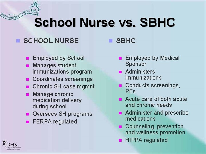 School Nurse vs. SBHC n SCHOOL NURSE n n n n Employed by School