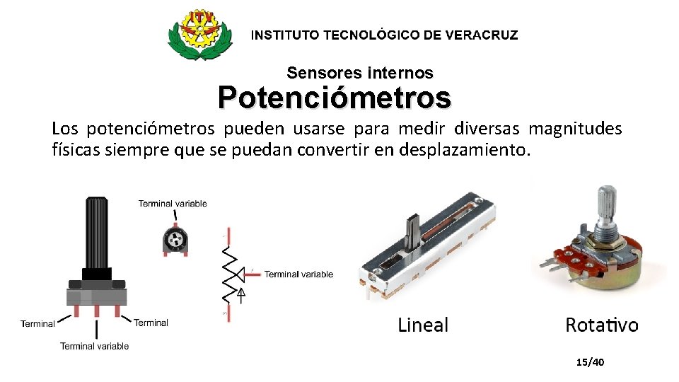 Sensores internos Potenciómetros Los potenciómetros pueden usarse para medir diversas magnitudes físicas siempre que
