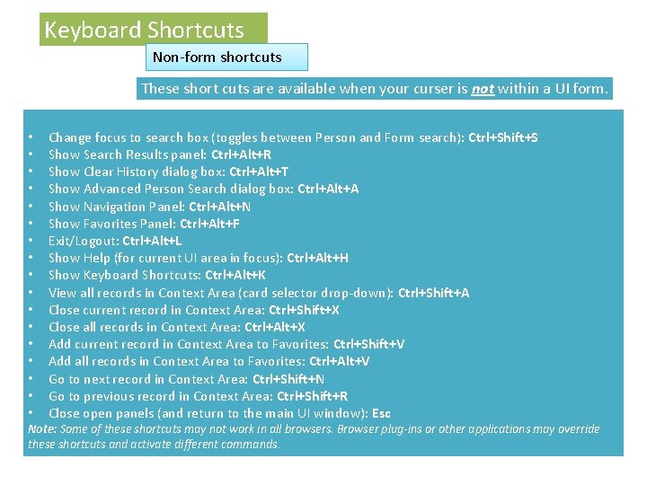 Keyboard Shortcuts Non-form shortcuts These short cuts are available when your curser is not