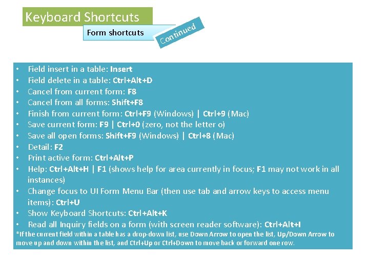 Keyboard Shortcuts Form shortcuts d Co ue n i t n Field insert in