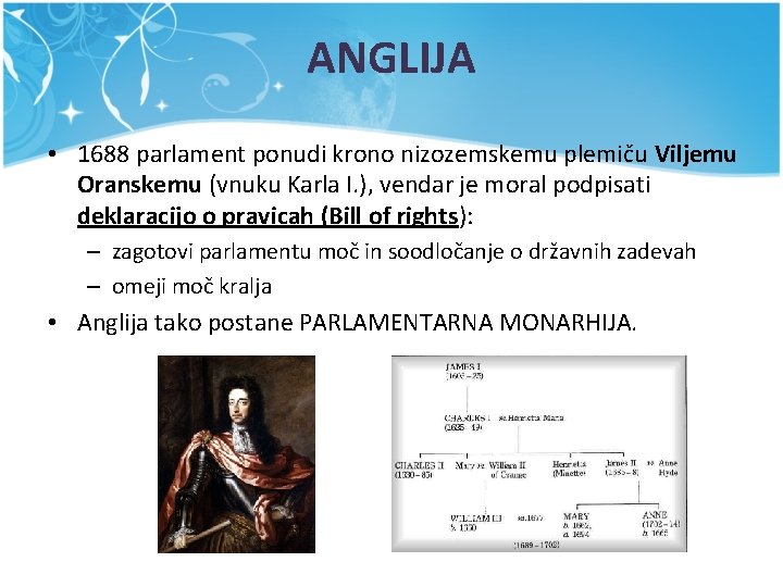 ANGLIJA • 1688 parlament ponudi krono nizozemskemu plemiču Viljemu Oranskemu (vnuku Karla I. ),