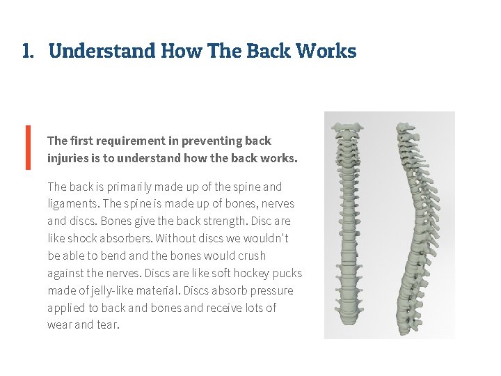 1. Understand How The Back Works The first requirement in preventing back injuries is