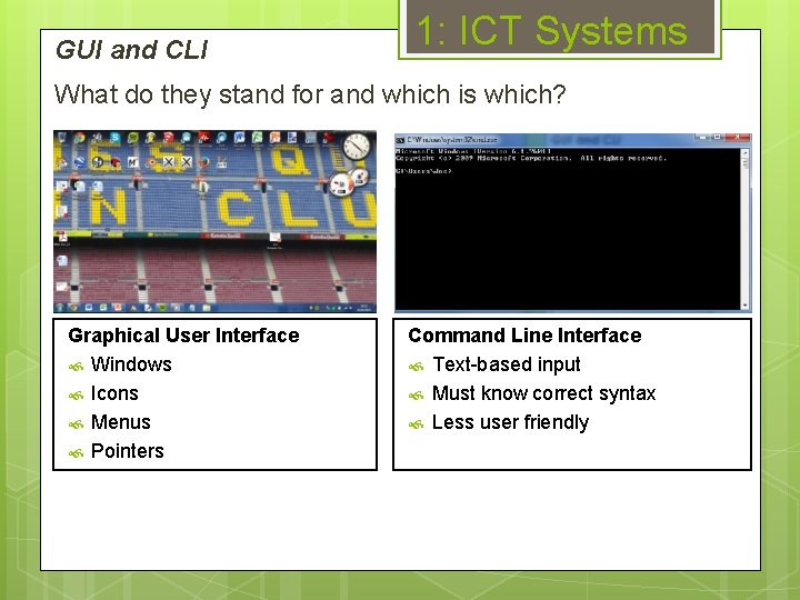 GUI and CLI 1: ICT Systems What do they stand for and which is