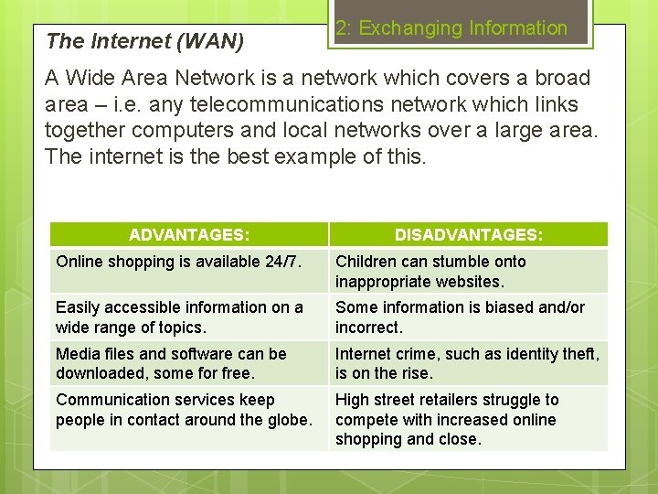 The Internet (WAN) 2: Exchanging Information A Wide Area Network is a network which