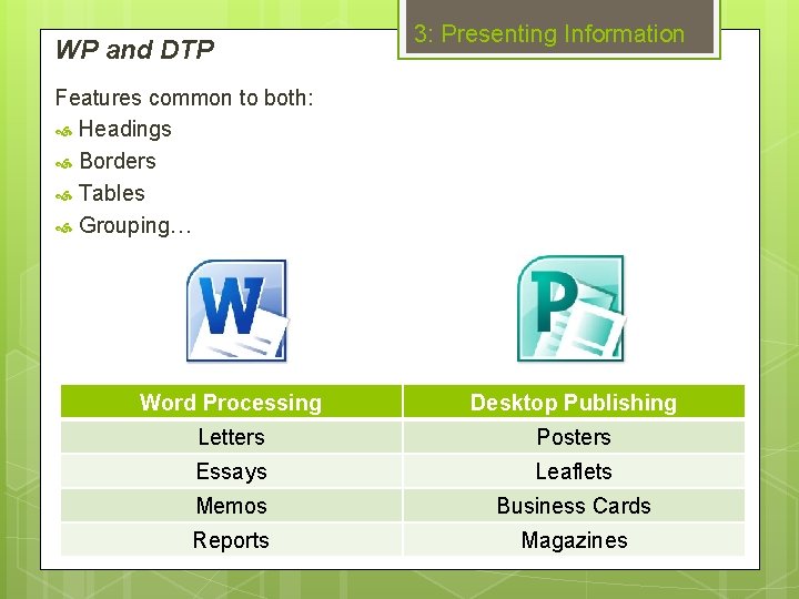 WP and DTP 3: Presenting Information Features common to both: Headings Borders Tables Grouping…