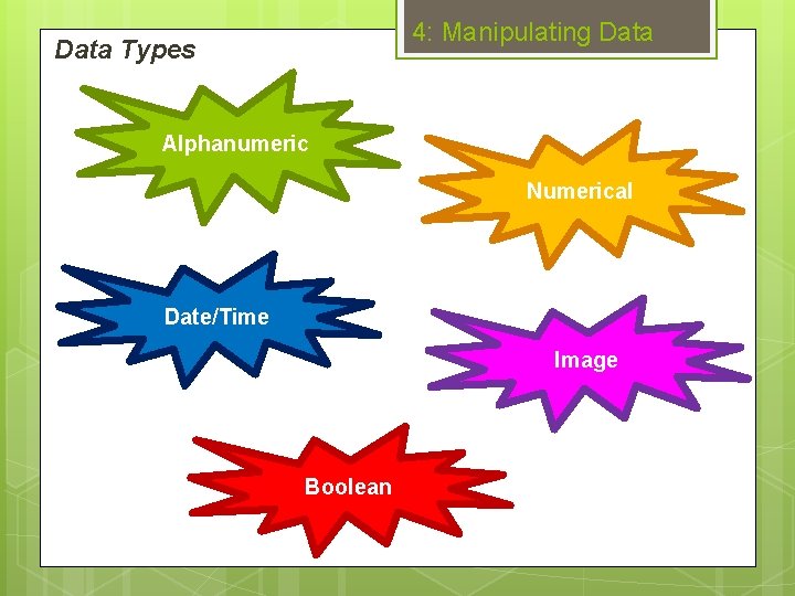 4: Manipulating Data Types Alphanumeric Numerical Date/Time Image Boolean 