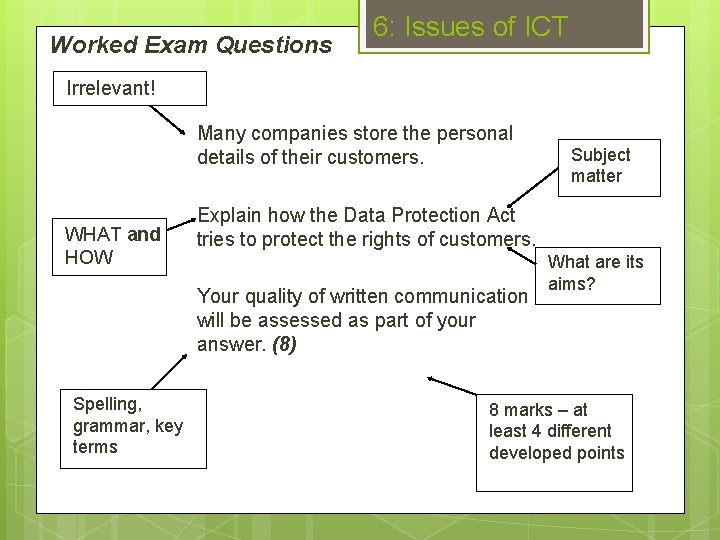 Worked Exam Questions 6: Issues of ICT Irrelevant! Many companies store the personal details