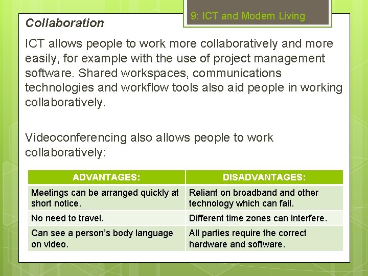 Collaboration 9: ICT and Modern Living ICT allows people to work more collaboratively and