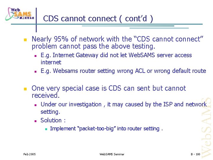 CDS cannot connect ( cont’d ) Nearly 95% of network with the “CDS cannot