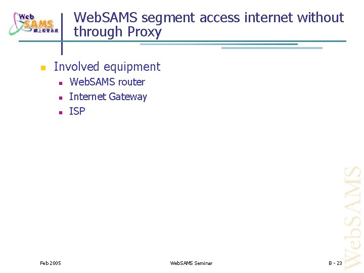 Web. SAMS segment access internet without through Proxy Involved equipment Feb 2005 Web. SAMS