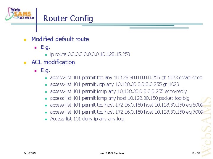 Router Config Modified default route E. g. ip route 0. 0 10. 128. 15.