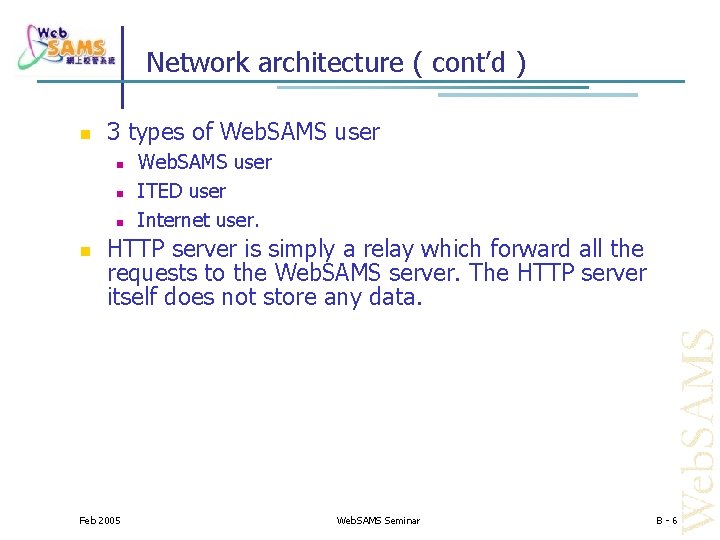 Network architecture ( cont’d ) 3 types of Web. SAMS user ITED user Internet