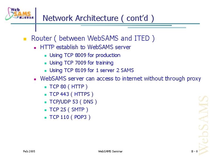 Network Architecture ( cont’d ) Router ( between Web. SAMS and ITED ) HTTP