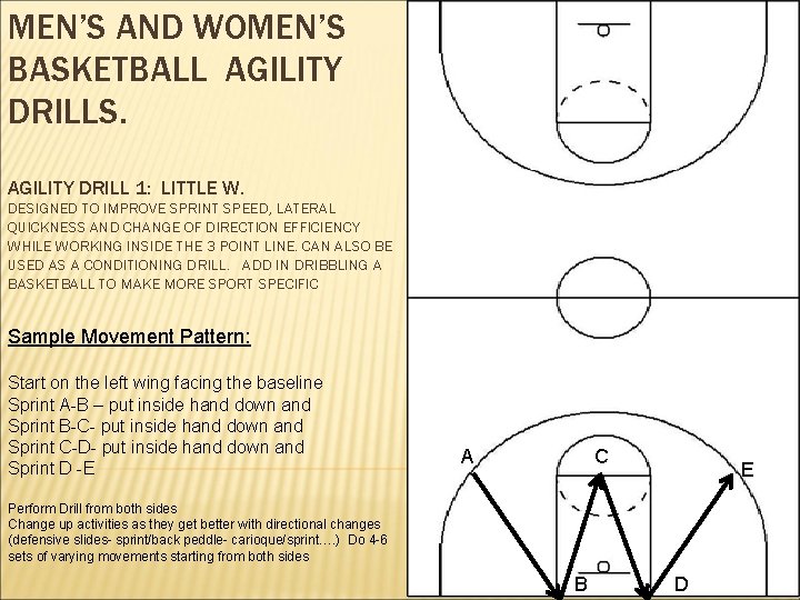 MEN’S AND WOMEN’S BASKETBALL AGILITY DRILLS. AGILITY DRILL 1: LITTLE W. DESIGNED TO IMPROVE