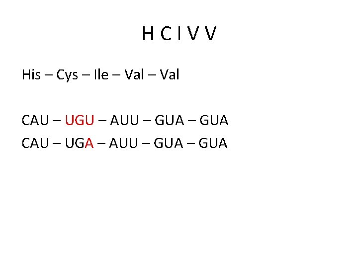 HCIVV His – Cys – Ile – Val CAU – UGU – AUU –