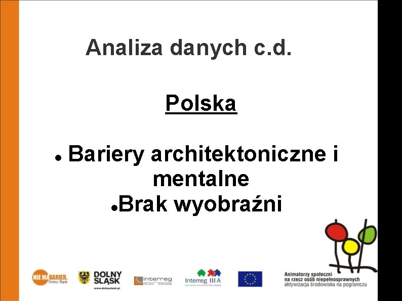 Analiza danych c. d. Polska Bariery architektoniczne i mentalne Brak wyobraźni 
