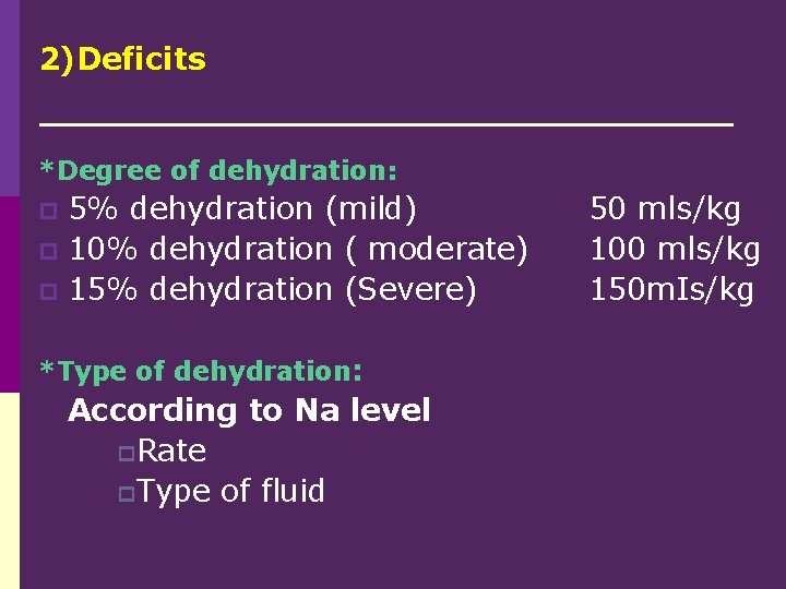 2)Deficits *Degree of dehydration: 5% dehydration (mild) p 10% dehydration ( moderate) p 15%
