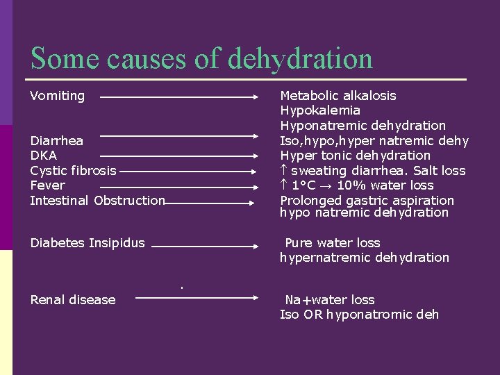 Some causes of dehydration Vomiting Metabolic alkalosis Hypokalemia Hyponatremic dehydration Iso, hyper natremic dehy