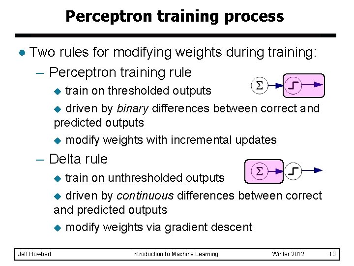 Perceptron training process l Two rules for modifying weights during training: – Perceptron training