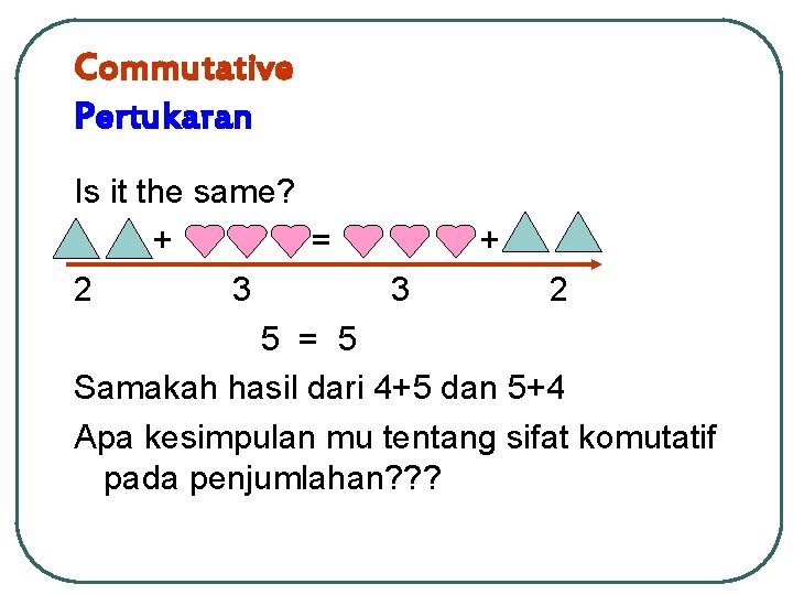 Commutative Pertukaran Is it the same? + = + 2 3 3 2 5