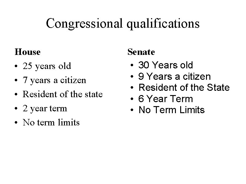 Congressional qualifications House • 25 years old • 7 years a citizen • Resident