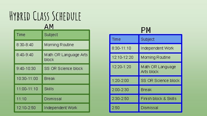Hybrid Class Schedule AM Time PM Subject Time Subject 8: 30 -11: 10 Independent