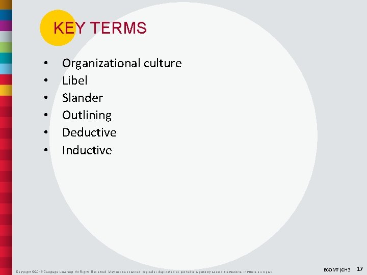 KEY TERMS • • • Organizational culture Libel Slander Outlining Deductive Inductive Copyright ©