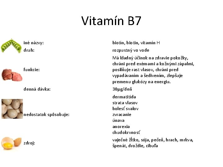 Vitamín B 7 iné názvy: biotín, biotin, vitamín H druh: rozpustný vo vode funkcie: