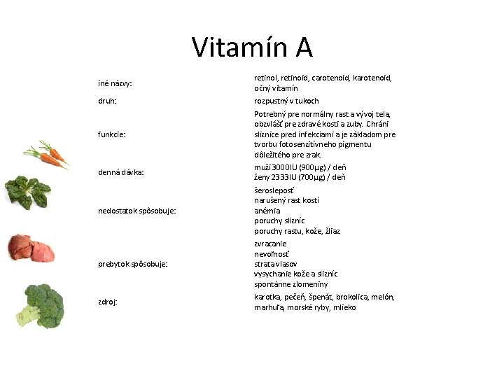 Vitamín A iné názvy: retinol, retinoid, carotenoid, karotenoid, očný vitamín druh: rozpustný v tukoch