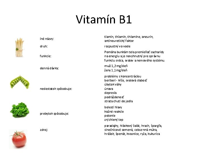 Vitamín B 1 iné názvy: tiamín, thiamine, aneurin, antineuretický faktor druh: rozpustný vo vode