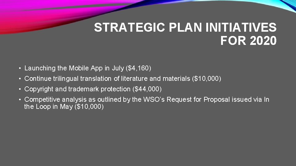 STRATEGIC PLAN INITIATIVES FOR 2020 • Launching the Mobile App in July ($4, 160)