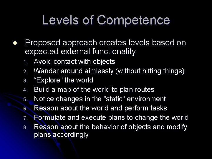 Levels of Competence l Proposed approach creates levels based on expected external functionality 1.