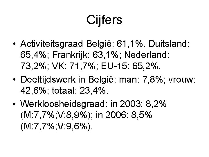Cijfers • Activiteitsgraad België: 61, 1%. Duitsland: 65, 4%; Frankrijk: 63, 1%; Nederland: 73,