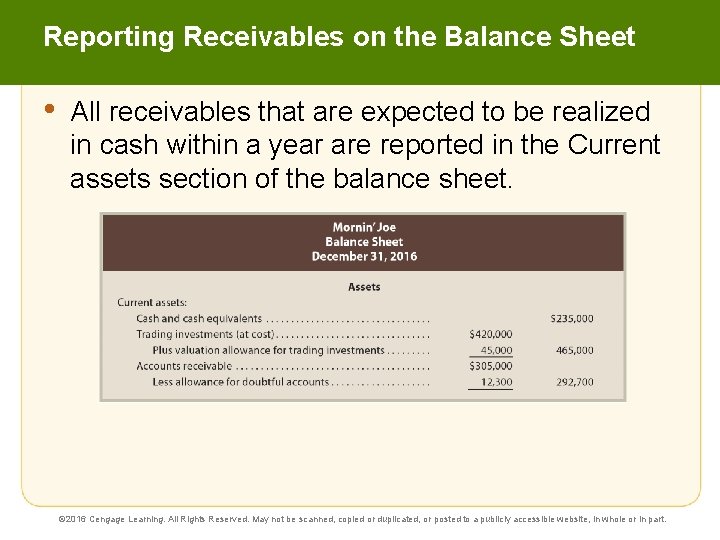 Reporting Receivables on the Balance Sheet • All receivables that are expected to be