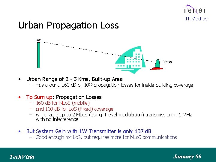 IIT Madras Urban Propagation Loss 1 W 10 -16 W • Urban Range of