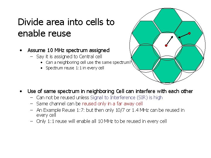 Divide area into cells to enable reuse • Assume 10 MHz spectrum assigned –