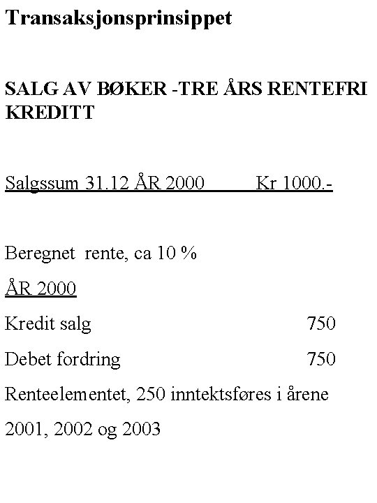 Transaksjonsprinsippet SALG AV BØKER -TRE ÅRS RENTEFRI KREDITT Salgssum 31. 12 ÅR 2000 Kr