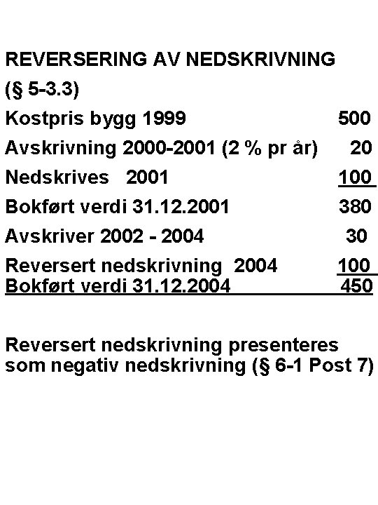 REVERSERING AV NEDSKRIVNING (§ 5 -3. 3) Kostpris bygg 1999 Avskrivning 2000 -2001 (2