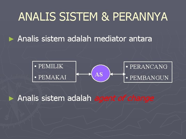 ANALIS SISTEM & PERANNYA ► Analis sistem adalah mediator antara • PEMILIK • PEMAKAI