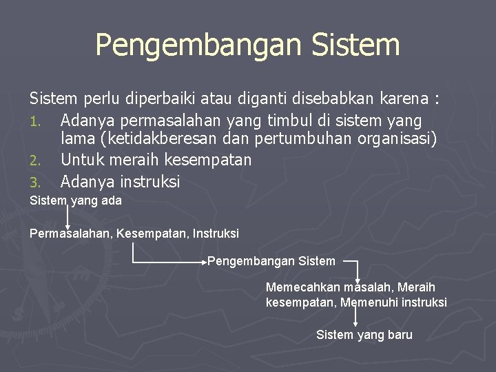 Pengembangan Sistem perlu diperbaiki atau diganti disebabkan karena : 1. Adanya permasalahan yang timbul