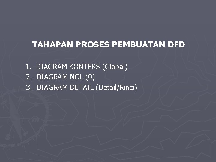 TAHAPAN PROSES PEMBUATAN DFD 1. 2. 3. DIAGRAM KONTEKS (Global) DIAGRAM NOL (0) DIAGRAM