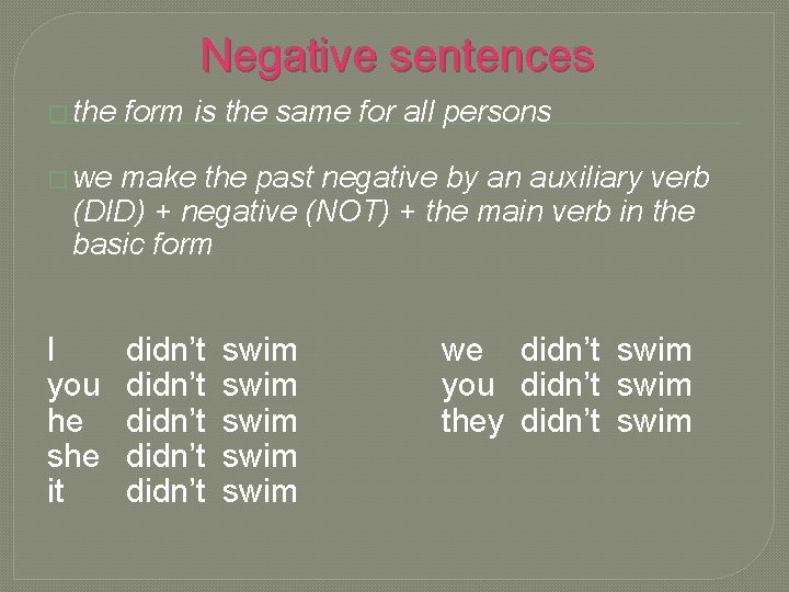 Negative sentences � the form is the same for all persons � we make