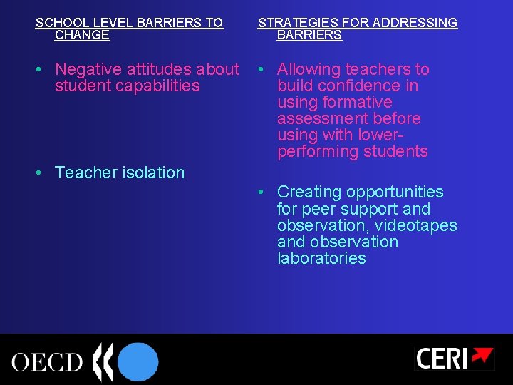 SCHOOL LEVEL BARRIERS TO CHANGE STRATEGIES FOR ADDRESSING BARRIERS • Negative attitudes about student