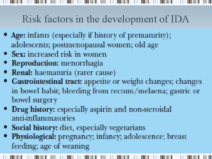 Risk factors in the development of IDA 