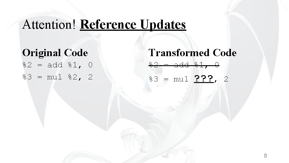 Attention! Reference Updates Original Code Transformed Code %2 = add %1, 0 %3 =