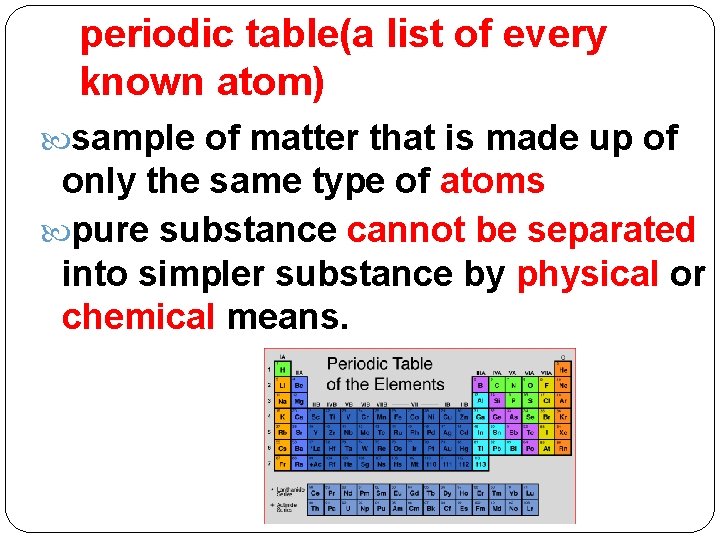 periodic table(a list of every known atom) sample of matter that is made up