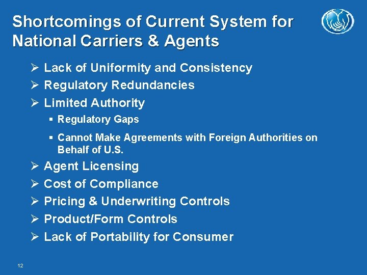 Shortcomings of Current System for National Carriers & Agents Lack of Uniformity and Consistency