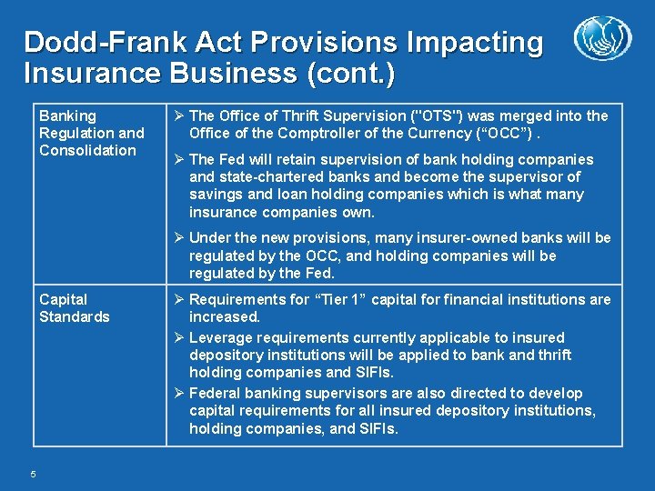 Dodd-Frank Act Provisions Impacting Insurance Business (cont. ) Banking Regulation and Consolidation The Office