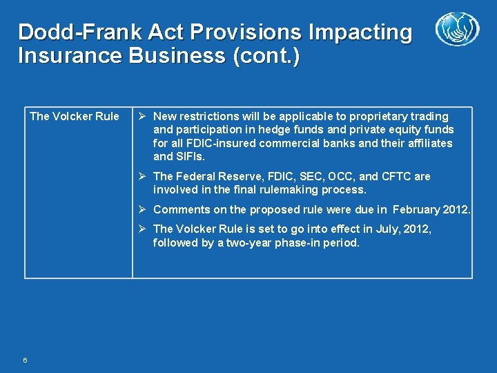 Dodd-Frank Act Provisions Impacting Insurance Business (cont. ) The Volcker Rule New restrictions will