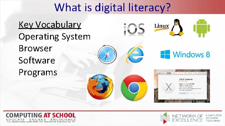 What is digital literacy? Key Vocabulary Operating System Browser Software Programs 